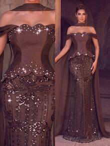 Women's Romantic Off-Shoulder Mermaid Evening Gown, Sequin Pearl And Rhinestone Decorated Formal Dress, Suitable For Prom - Coffee Brown - View 6