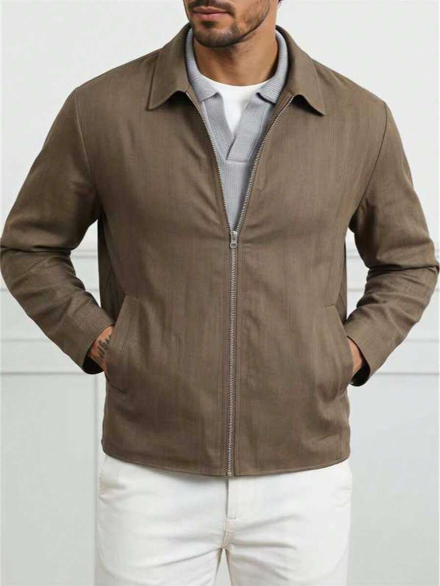 Jaket Linen Model Shacket, Musim Semi/Panas/Autumn, Warna Khaki Tua, Jaket Linen Kasual Minimalis - Khaki - View 1