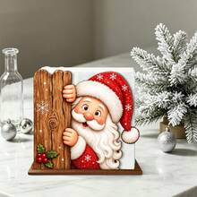 1pc Peeking Santa Wooden Napkin Holder & Tissue Box - Hidden Santa With Snowflake And Holly Berry Table Centerpiece, Movable Desktop Storage Box, Suitable For Home Kitchen, Christmas Party Decoration, Desktop Tissue Holder, Christmas Decor, Home Decor - Multicolor - View 6