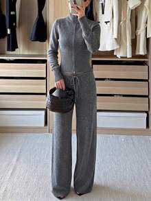 Minimalist Fashion Women's Ribbed Knit Drawstring Wide Leg Pants With Zipper Sweater Set, Medium Stretch, Suitable For Autumn Wear, Contains Wool - Medium Heather Gray - View 2