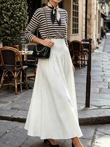 Autumn/Winter New Solid Color High Waist Pleated A-Line Long Skirt, French Elegant Full Skirt - White - View 2