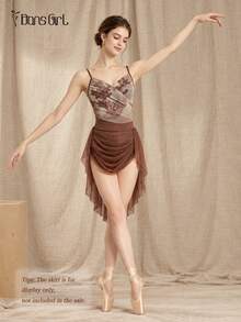 DonsGirl 1pc Women's Romantic Floral Print Mesh Ballet Leotard, Ruched V-Neck Spaghetti Strap Jumpsuit, Suitable For Dance Performance And Daily Wear - Coffee Brown - View 2