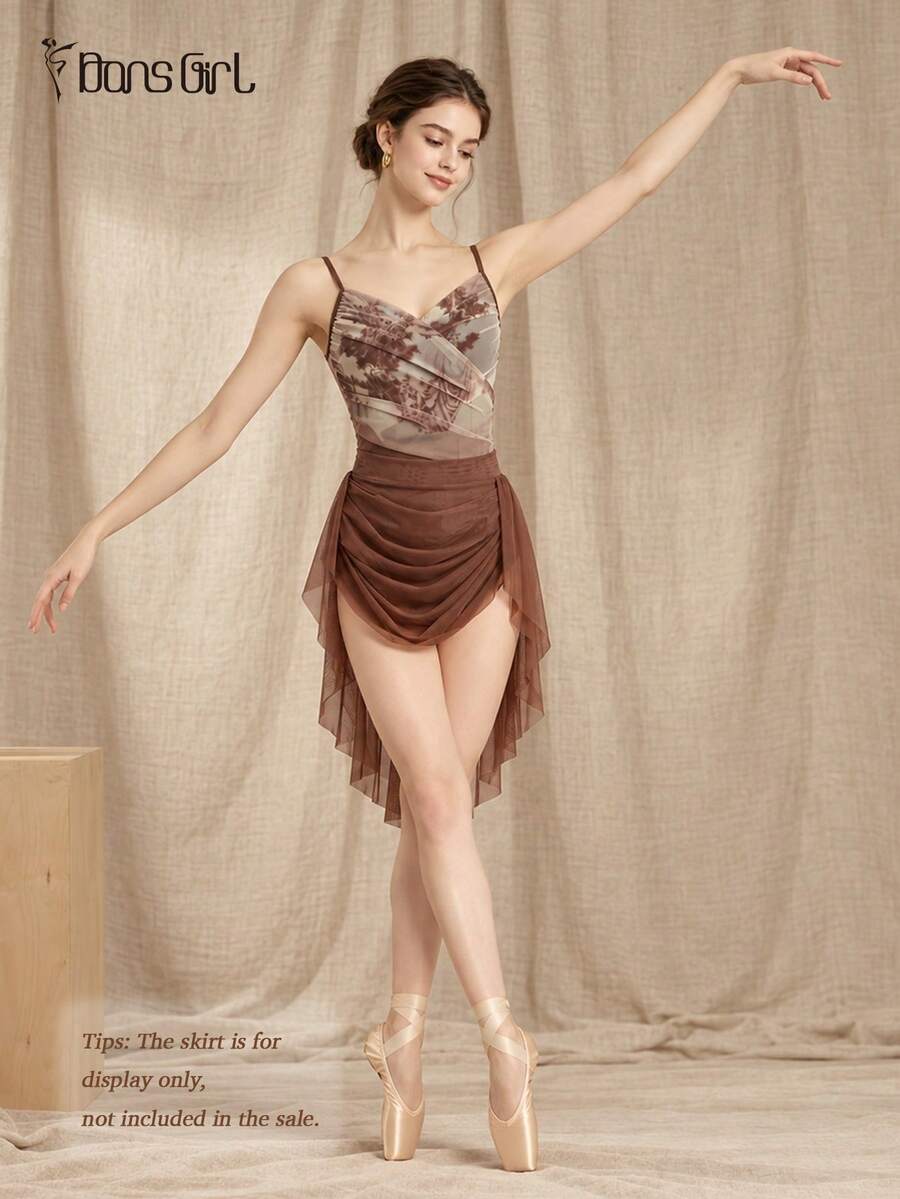 DonsGirl 1pc Women's Romantic Floral Print Mesh Ballet Leotard, Ruched V-Neck Spaghetti Strap Jumpsuit, Suitable For Dance Performance And Daily Wear