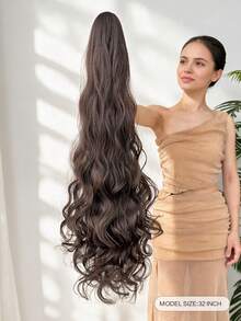 Ekstensi Rambut Ekor Kuda Berbentuk Cakar HEYPINK, Panjang 32 Inci Cokelat Bergelombang Alami Keriting, Wig Ekor Kuda Serat Sintetis Tahan Panas, Cocok untuk Pemakaian Sehari-hari Wanita - Hitam Coklat - View 4