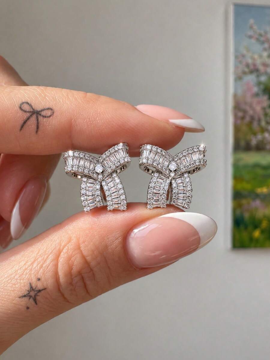 rakol 2pcs Silver Knot Butterfly Cubic Zirconia Decor Women's Earrings - Multicolor - View 1