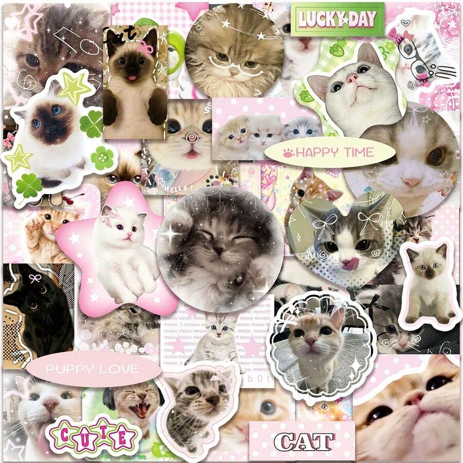 50PCS Real Photo Cat Stickers Cute Pink Kitten Kitty Die-Cut Waterproof Sticker For Journaling Scrapbooking Planner Phone Case Laptop Cat Lover Gift - Multicolor - View 1
