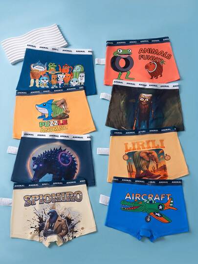 8pcs/Pack Tween Boys Comfortable Soft Breathable Abstract Graffiti Print Boxer Briefs