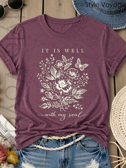 Style Voyage Boho Floral Tee W/ 'It Is Well With My Soul', Pastel Wildflower, Soft Fit, Women's Casual For Spring/Summer, Beach & Religious