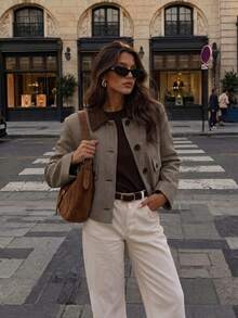 Women's Short Plaid Jacket, Long Sleeve Lapel Button Front Jacket With Collar And Pockets, Autumn - Multicolor - View 3