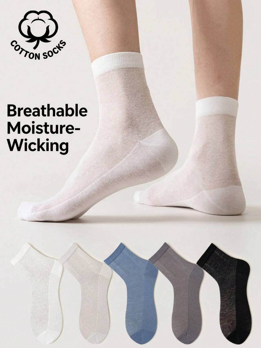5 Pasang Kaos Kaki Pria Katun Polos, Tipis, Bernapas, Menyerap Keringat, Panjang Setengah Betis, Kaos Kaki Kasual Harian untuk Pria - MultiWarna - View 1