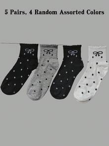 5 Pairs Randomly Shipped Bowknot Socks For Women, Spring/Summer Mid-Calf Thin Sweat-Absorbent Long Socks, Black & White Versatile Ins - Multicolor - View 6