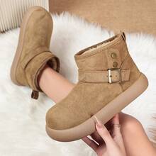 Women's Retro Buckle Short Fuzzy Boots, Side Zipper, Plush Lining, Skin-Friendly Fleece, Machine Washable, Versatile Warm Short Home Boots For Indoor And Outdoor Wear - Khaki - View 4