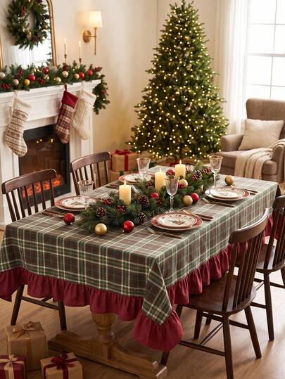 1 pieza Mantel rectangular de cuadros grandes clásico en verde, marrón y rojo, estilo tradicional campestre, color borgoña, con borde de volantes y detalle plisado, resistente a las manchas, protector para mesa larga del hogar, adecuado para Navidad, reuniones familiares y decoración de comedor para vacaciones de invierno