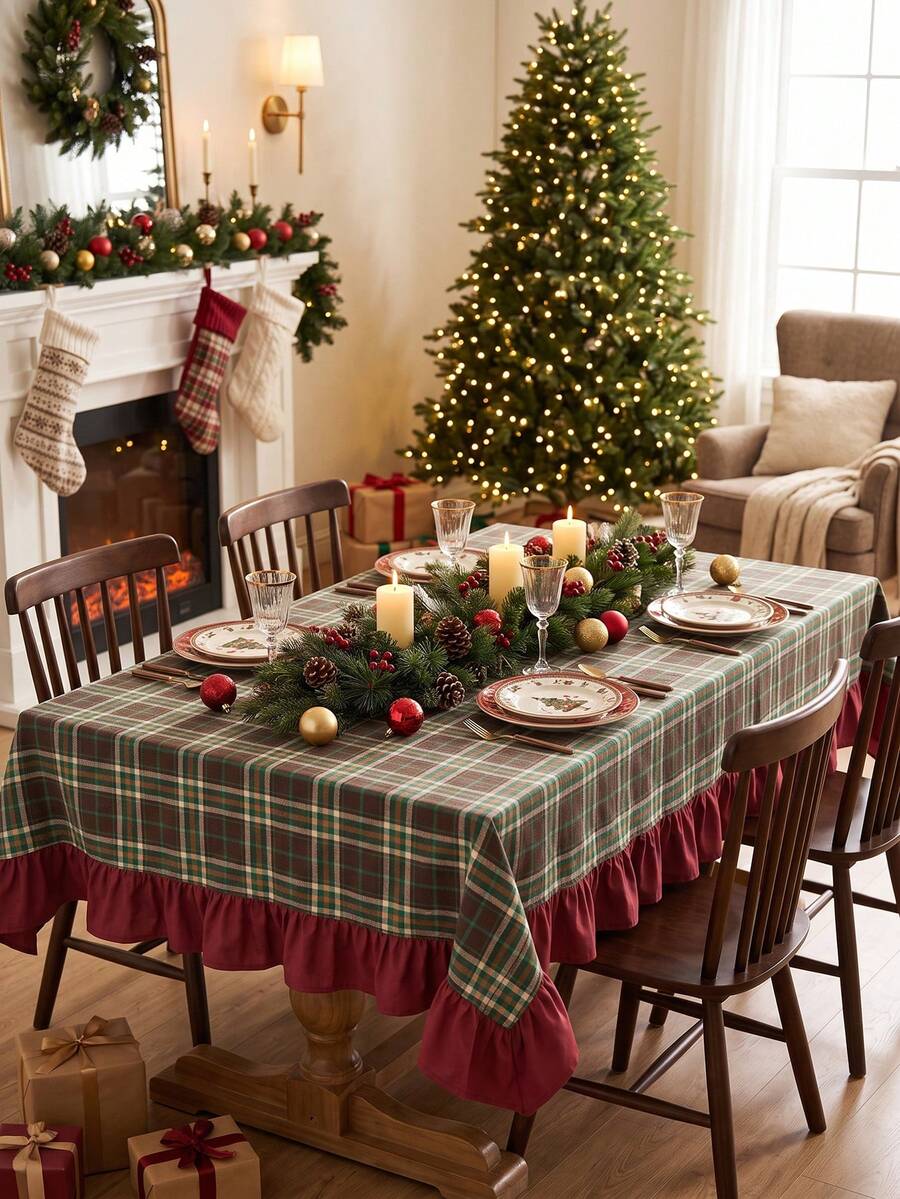 1pc Green Brown Red Classic Large Plaid Tablecloth Traditional Country Style Rectangular Burgundy Ruffle Edge Pleated Detail Stain-Resistant Protective Tablecloth For Home Long Table Suitable For Christmas Family Gathering And Winter Holiday Dining Room Decor - Green - View 1