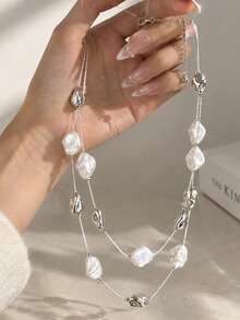 1pc Asymmetrical Baroque Faux Pearl Necklace, Long Sweater Chain Style, High-End Layering Versatile Neck Chain For Women (Random Tail Chain) - Multicolor - View 3