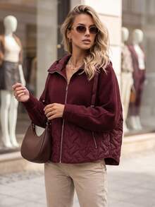 Women's Oversized Hooded Jacket, Quilted Panel, Zip Front, Adjustable Hood, Zip Pockets - Burgundy - View 3