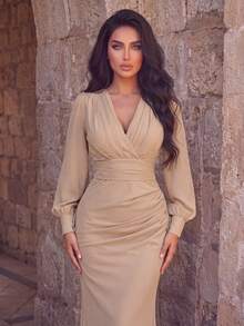 Women's Solid Color Pleated Elegant Waist-Cinching Evening Dress - Champagne - View 3
