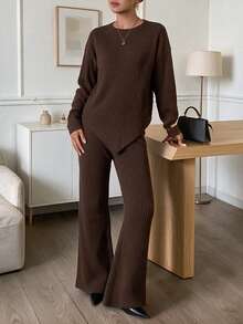 Korean Style Lazy Vertical Stripe Knit 2 Pieces Set, Waist-Cinching Split Top And High-Waist Flared Pants Commuter Outfit - Brown - View 4