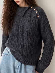 Women's New Casual Knit Pullover Sweater, Cable Knit Pattern And Decorative Buttons, Suitable For Autumn/Winter Wear. - Grey - View 3