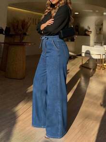 Women's Casual Elegant Lightweight Wide Leg Denim Jeans With Drawstring Waist And Pockets, Long Non-Stretch Boho Style Pants For Fall - Dark Wash - View 4