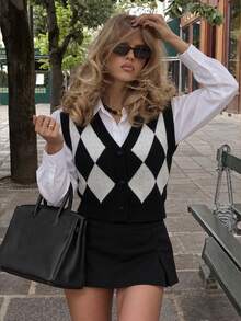 Women's Autumn/Winter College Style Argyle Knit Vest, Black V-Neck Button Sleeveless Layering Cardigan, Suitable For Christmas, Halloween, Thanksgiving Outfits - Black - View 6