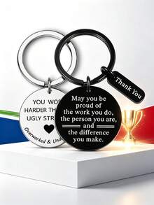 2pcs Stainless Steel Engraved Keychain, Black & Silver Round Key Ring, Funny Thank You Gift For Coworker Employee Office Appreciation - Multicolor - View 1