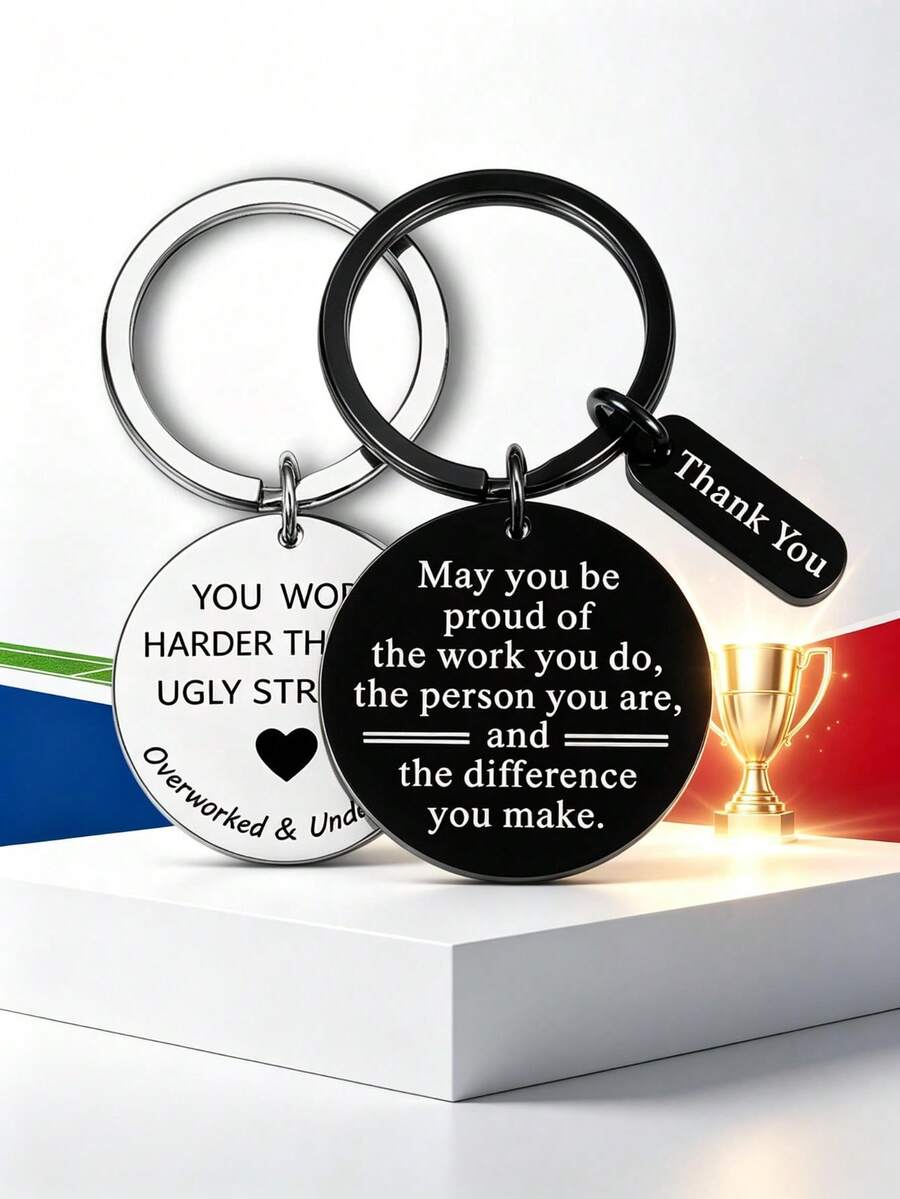 2pcs Stainless Steel Engraved Keychain, Black & Silver Round Key Ring, Funny Thank You Gift For Coworker Employee Office Appreciation - Multicolor - View 1