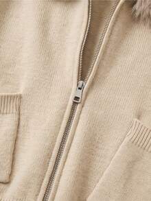 Women's Plush Trim Hooded Knit Cardigan, Winter Casual - Apricot - View 8