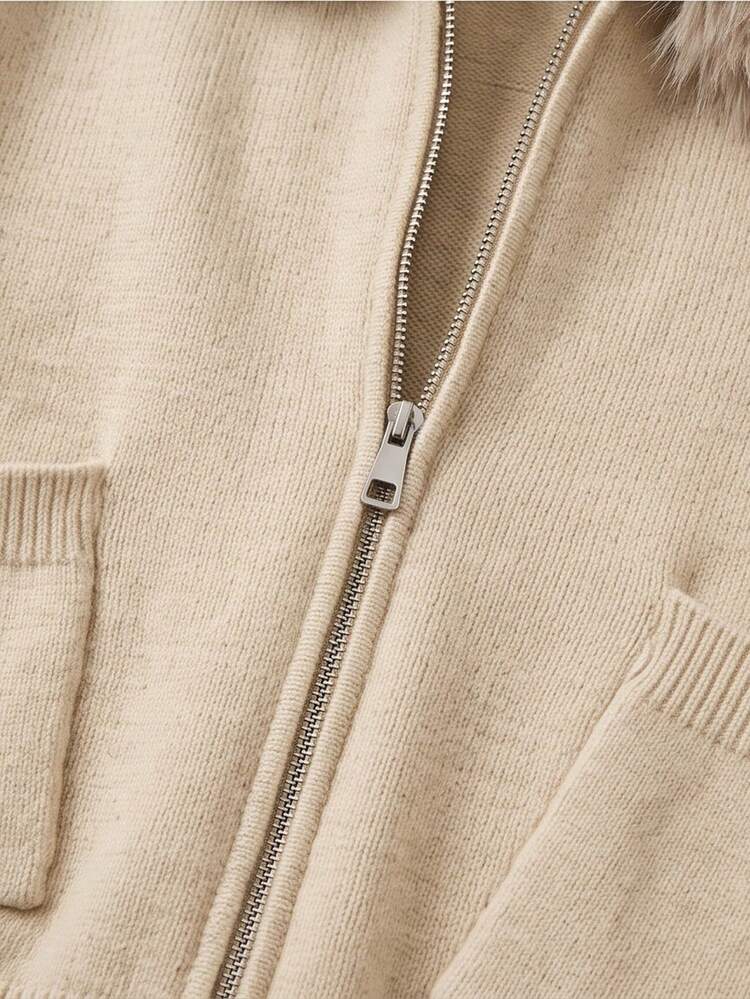 Women's Plush Trim Hooded Knit Cardigan, Winter Casual - Apricot - View 8