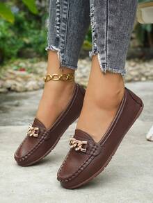 Women's Spring New Arrival Golden Chain Elegant Slip-On Loafers, Lightweight Comfortable Versatile Rubber Flat Shoes - Coffee Brown - View 4