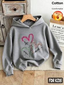 Autumn/Winter 3 Pieces Set Girls Striped, Heart & Letter Print Fleece Hoodie Long Sleeve Y2K Style - Heather Gray+Heather Gray+Heather Gray - View 3