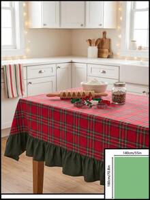 1pc Red & Green Classic Large Plaid Tablecloth, Traditional Country Style, Rectangular Green Leaf Edge With Pleated Details, Stain-Resistant Protective Table Cover, Functional Home Long Tablecloth Suitable For Christmas Family Gatherings And Winter Holiday Kitchen Decor - Red - View 18