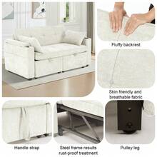 Multi‑Purpose 2‑Seater Sofa Sleeper Bed, 3‑In‑1 Pull‑Out Design With Cup Holders & Hidden Small Table For Living Room & Bedroom,White - White - View 5