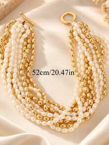 1pc Women's Multi-Layer Faux Pearl Necklace, Golden Color Beaded Layered Statement Necklace, Elegant Party Jewelry - Gold - View 5