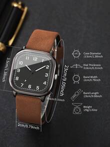 Men's Leather Strap Fashion Casual Square Minimalist Digital Scale Dial Classic Quartz Wrist Watch (1pc/Set) Watch Box Not Included - Brown - View 3
