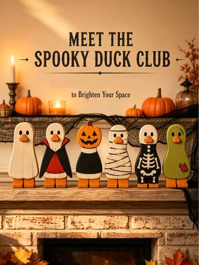 1 Set 6pcs 8-Inch Solid Wood Halloween Duck Figurines, 1cm Thick Premium Painted Desktop Decor. Ghost, Vampire, Pumpkin, Mummy, Skeleton, Zombie. Rustic Distressed Finish, Sturdy Self-Standing Base, Suitable For Tiered Trays, Coffee Bars, Office Desks And Holiday Gifts