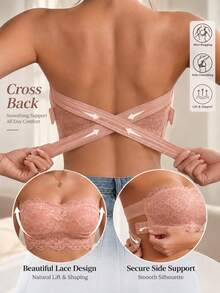 Women's Bandeau Lace Bra, Wireless Cross Back Support, Anti-Slip Side Support, Adjustable Buckle, No Padding Bandeau Bra, Suitable For Matching With Dresses And Tops - Champagne - View 1