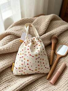 Cream Canvas Floral Dot Drawstring Makeup Bag Portable Handheld Travel Cosmetic Storage Pouch Gift L'Occitane Drawstring Bag - White + Yellow + Red - View 9