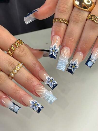 24 Autumn/Winter Long Square Press-On Nails, Navy French Nude Pink False Nails, 3D Embossed Blue & White Hand-Painted Floral Gradient Shell Pearl Rhinestone Finished Nail Tips, Removable & Reusable Manicure Set With Jelly Glue And Nail File