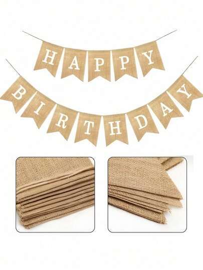 1 Set Happy Birthday Linen Natural Wood Color Double Swallowtail Bunting, Happy Birthday Sign, Ins Minimalist Birthday Party Decoration Banner, Adult Birthday Party All-Scene Universal, Outdoor Camping Home Store Influencer Photo All-Venue Atmosphere Decoration Faux Linen Triangle Flag, Gold Foil Swallowtail Bunting, Party Decoration Supplies, Happy Birthday Flag, Birthday Decoration, Party Decoration, Room Decoration