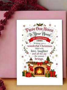 1pc Greeting Card Warm Festive Christmas Greeting Card, Fireplace And Gifts Scene From Our House To Your House, For Friends, Winter Holiday Classic Style - One Size Fits All - View 3