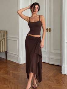Women's Casual Camisole Top And Asymmetric Hem Skirt 2-Piece Set, Suitable For Street, Party, And Vacation In Spring/Summer Elegant - Brown - View 8