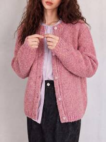 Women's Autumn/Winter New Pink Knitted Cardigan Jacket, Warm Round Neck Long Sleeve Button Short Sweater - Pink - View 3