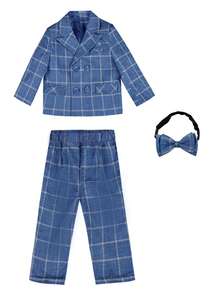 YOKLUN 3pcs Young Boy Suit Set, Plaid Jacket And Pants With Bow Tie, Stage Performance, Wedding Flower Boy, School, Holiday, Party, Formal Dress, Autumn - Blue - View 14