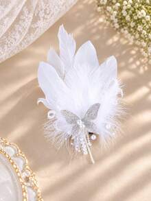 KOVLYNE 2pcs White Feather Princess Hair Clips With Rhinestone Butterfly And Pearl Tassel, Elegant Bridal Hair Accessories For Wedding, Party, Photography And Special Occasions - White - View 3