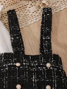 2pcs/Set Baby Girl Princess Style Outfit, Ribbed Flutter Sleeve Heart Bow Bodysuit + Tweed Plaid Overall Skirt, Pearl Button Embellishment, Soft Skin-Friendly Fabric, Vintage Chic, Suitable For Outings, Photoshoots, First Birthday, Sweet Spring/Autumn Set, Cute Versatile Elegant - Black - View 8