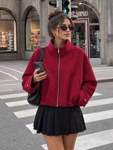 MUMRAP Women's Casual Plaid Long Sleeve Stand Collar Zipper Short Jacket - Red - View 2