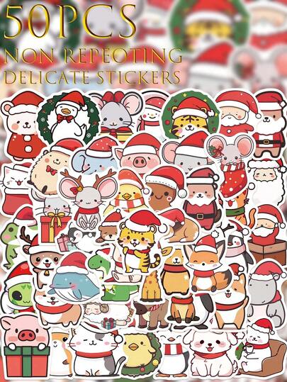 50pcs Christmas Animal Stickers, Scrapbooking Supplies, Creative And Beautiful Design Stickers, Waterproof Decorative Stickers, Suitable For Phone Cases, Tablets, Phones, Laptops, Suitcases, Cars, Notebooks, Helmets, Guitars, Skateboards, Storage Boxes, Computers, Office Decor, Office Supplies, Desktop Accessories, Learning Supplies, Classroom Decor, Halloween Decor, Diary Supplies, Christmas Decor, Desktop Decor,