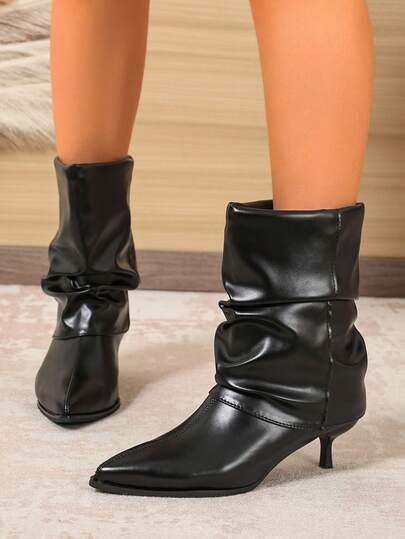Women's Ankle Boots And Ankle Boots, New Glossy Wrinkled Texture Stitching Patchwork Decor, No Pattern, Pointed Toe Slip-On Design, Kitten Heel Mid-Calf Boots, French Elegant Style, Suitable For Daily Wear, Dating, Shopping, Autumn/Winter, Black