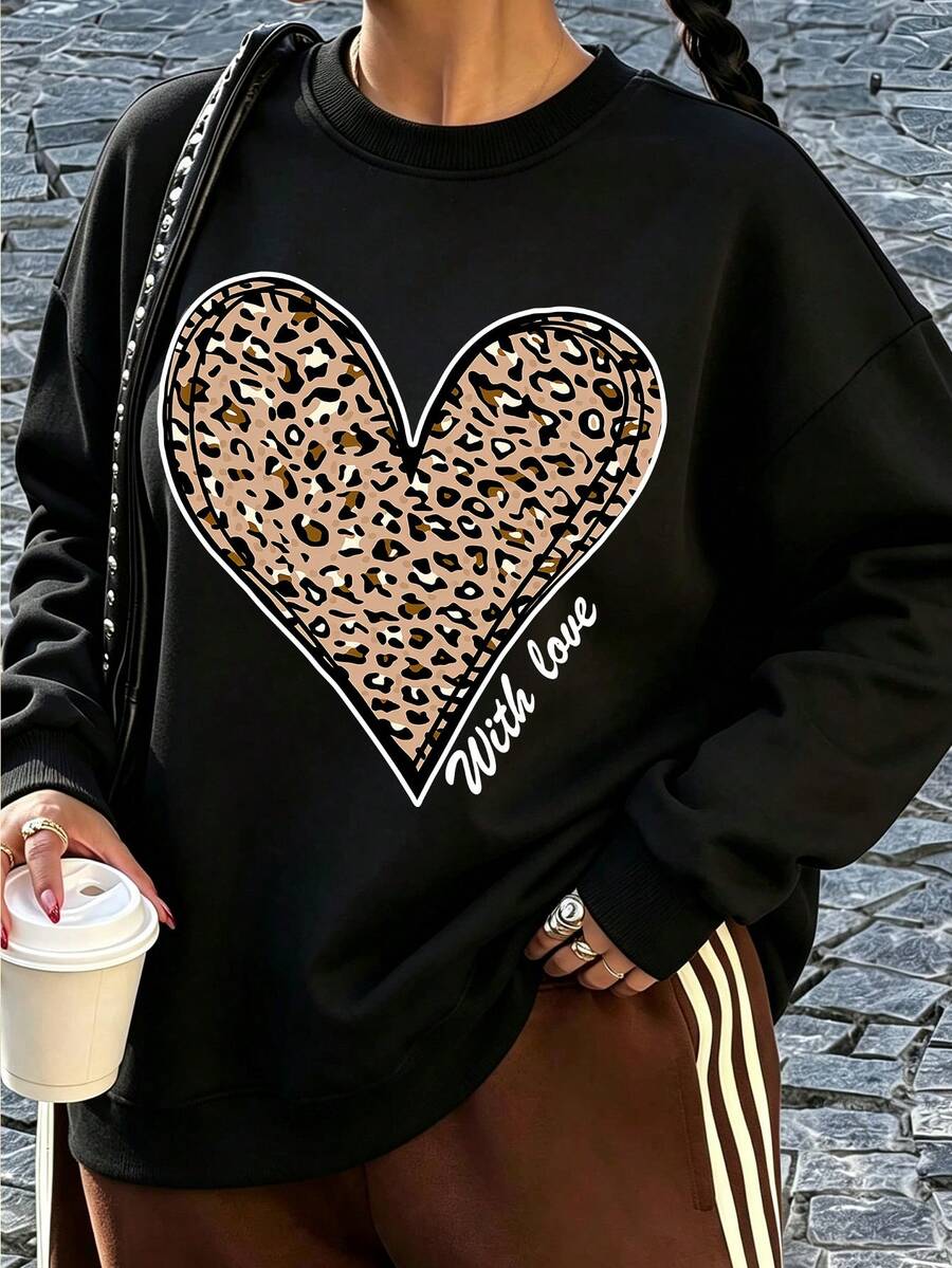 Women's Plus Size Sweatshirt, Casual Long Sleeve Crew Neck Top, Leopard Print Heart Pattern, Casual Personalized Style, Versatile Elegant, Soft Breathable Comfortable Fabric, Suitable For Autumn And Winter Wear - Black - View 1